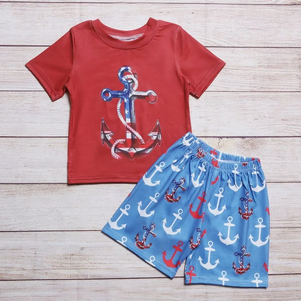 Boutique Anchor Nautical 4th of July Boys Shorts Outfit Set